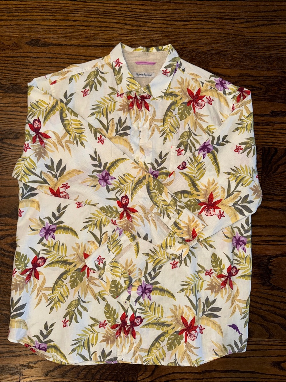 Tommy Bahama White Floral Button-Down Shirt with Red & Purple Accents